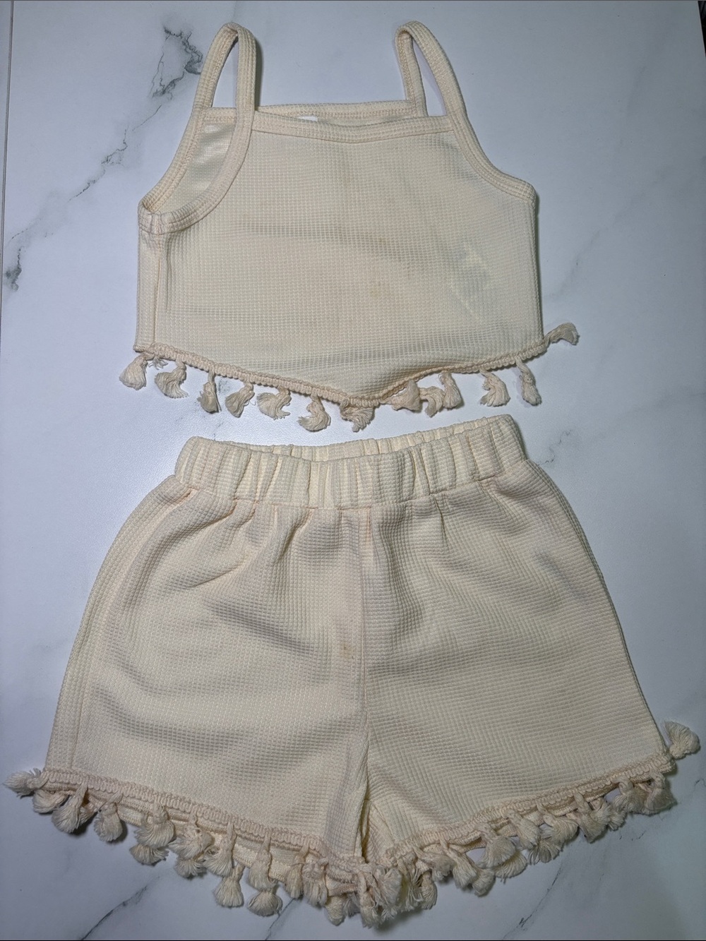SHEIN Cream Tassel Waffle Knit Crop Tank & Shorts Set